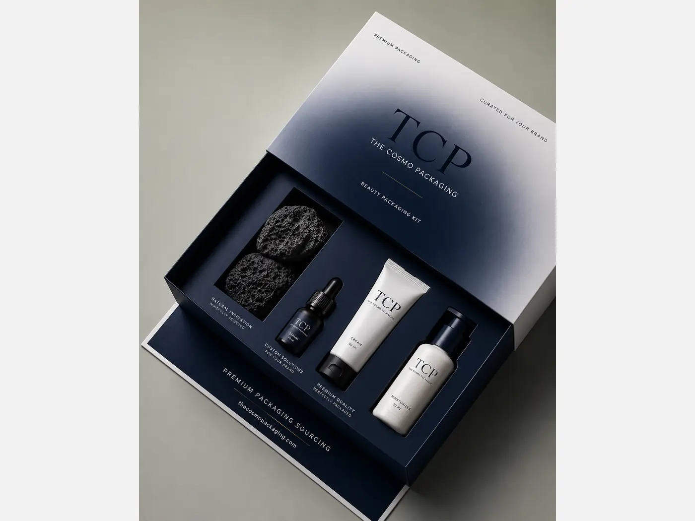 Custom cosmetic presentation box with branded print details, view 1