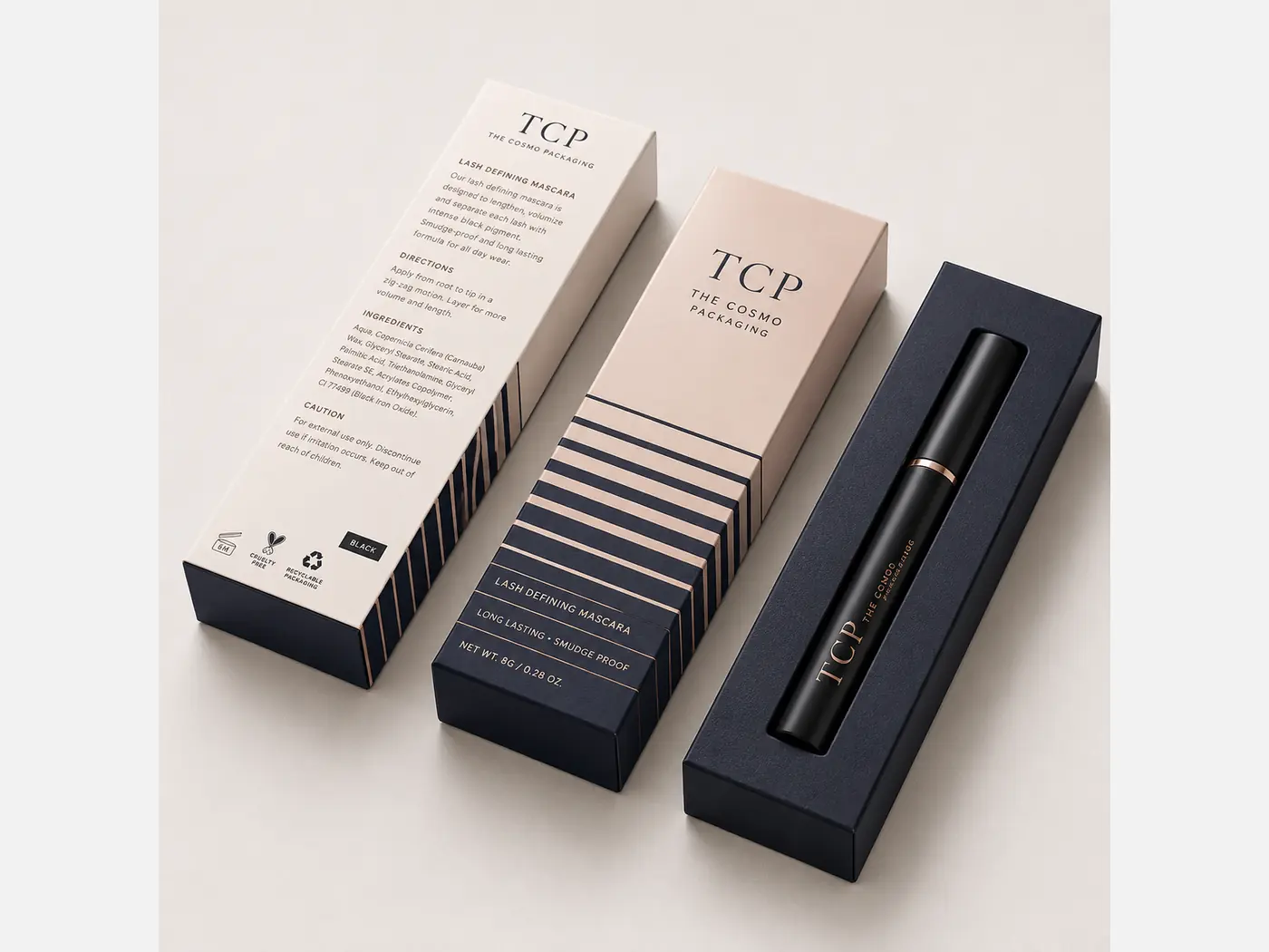 Printed mascara carton for cosmetic retail display, view 3
