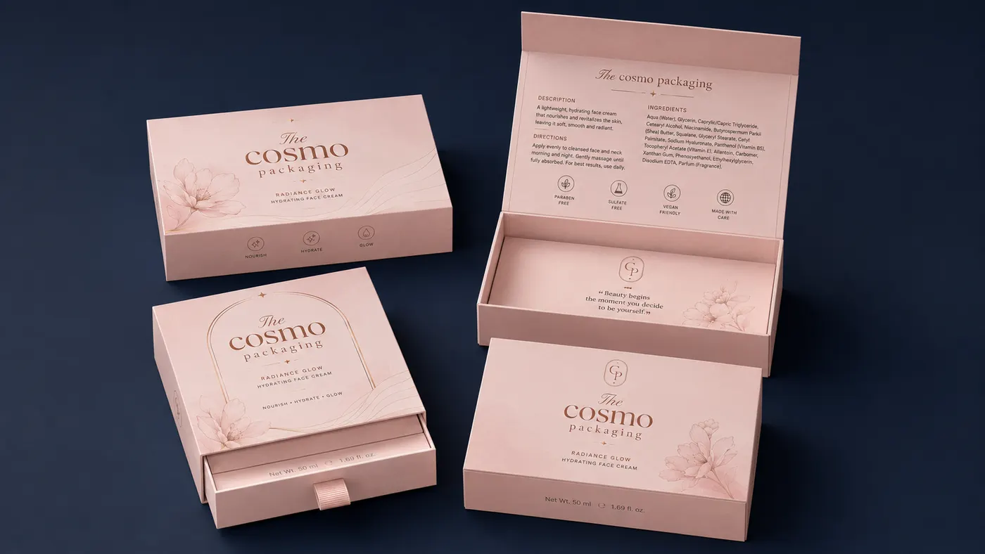 Blush cosmetic carton set with drawer-style boxes