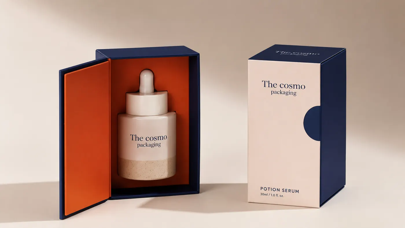 Navy cosmetic box with orange insert and serum bottle