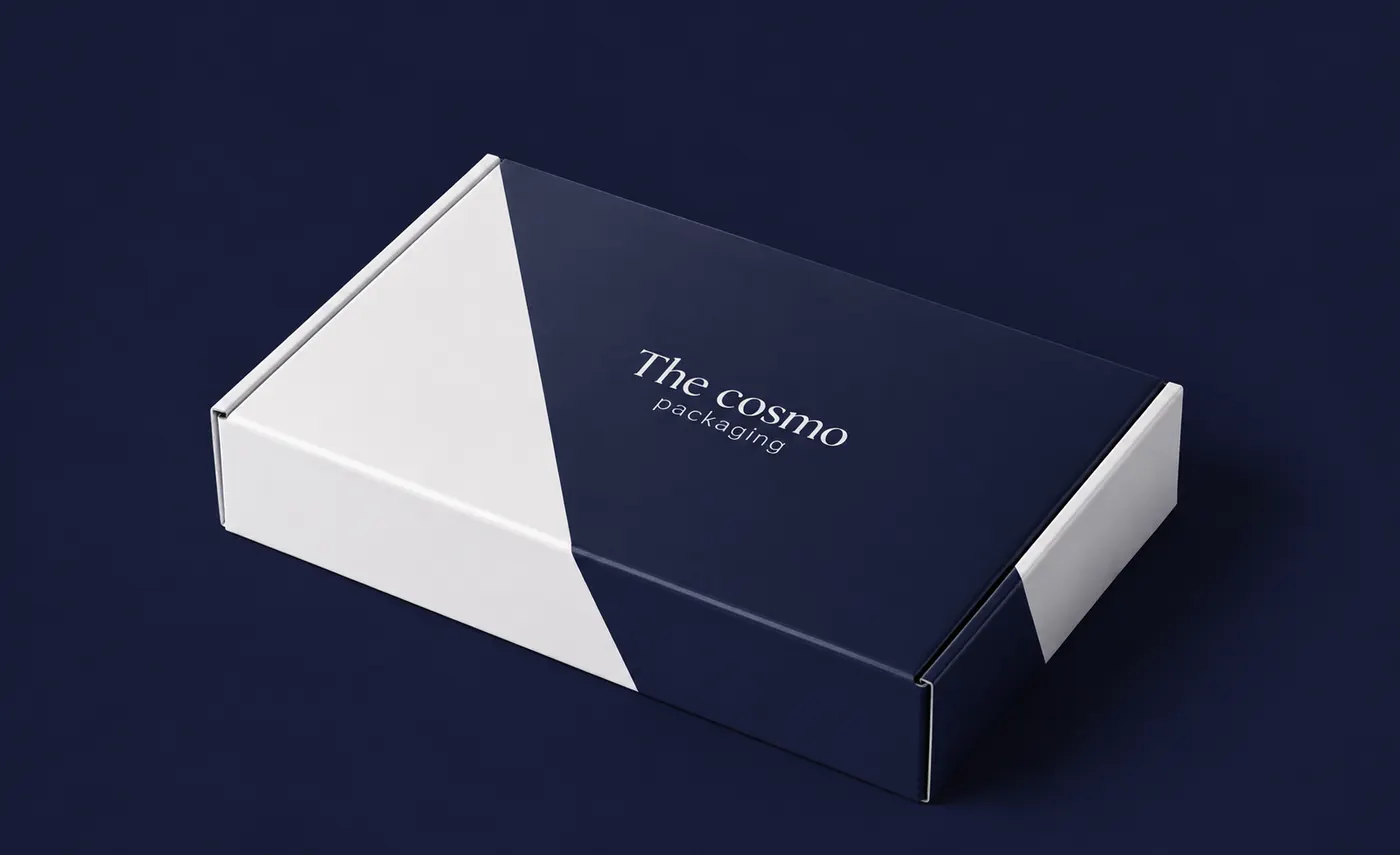 Navy and white custom mailer box with geometric finish