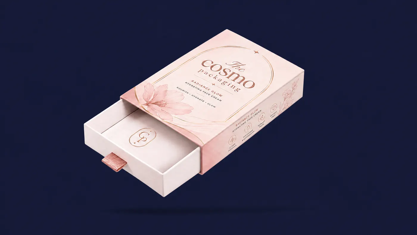 Blush drawer-style skincare gift box with botanical print