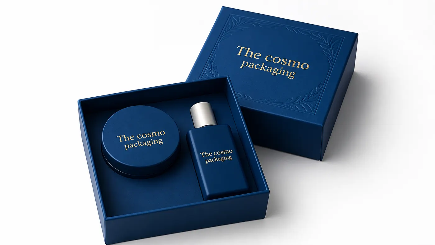 Navy luxury cosmetic gift box with fitted product insert