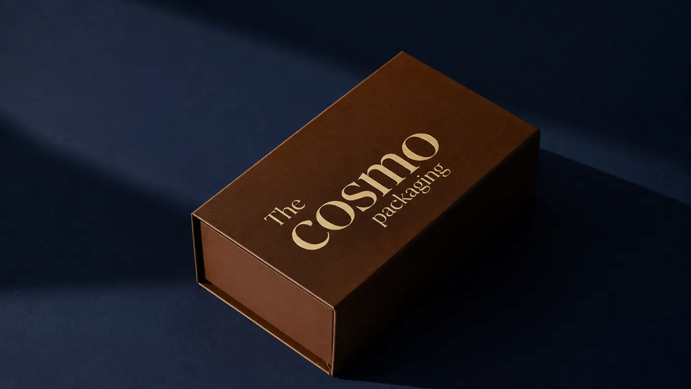 Chocolate brown rigid gift box with metallic foil wordmark