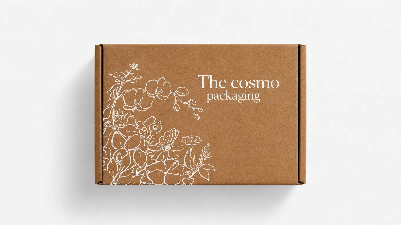 Kraft skincare mailer box with white botanical print