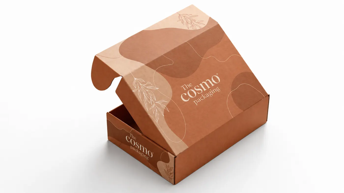 Terracotta cosmetic subscription mailer box with patterned lid